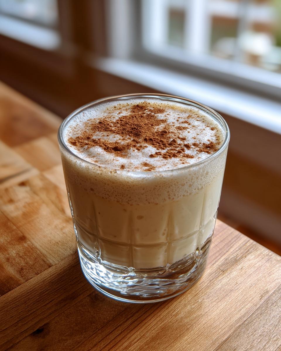A glass of creamy, frothy coquito recipe drink dusted generously with ground cinnamon.