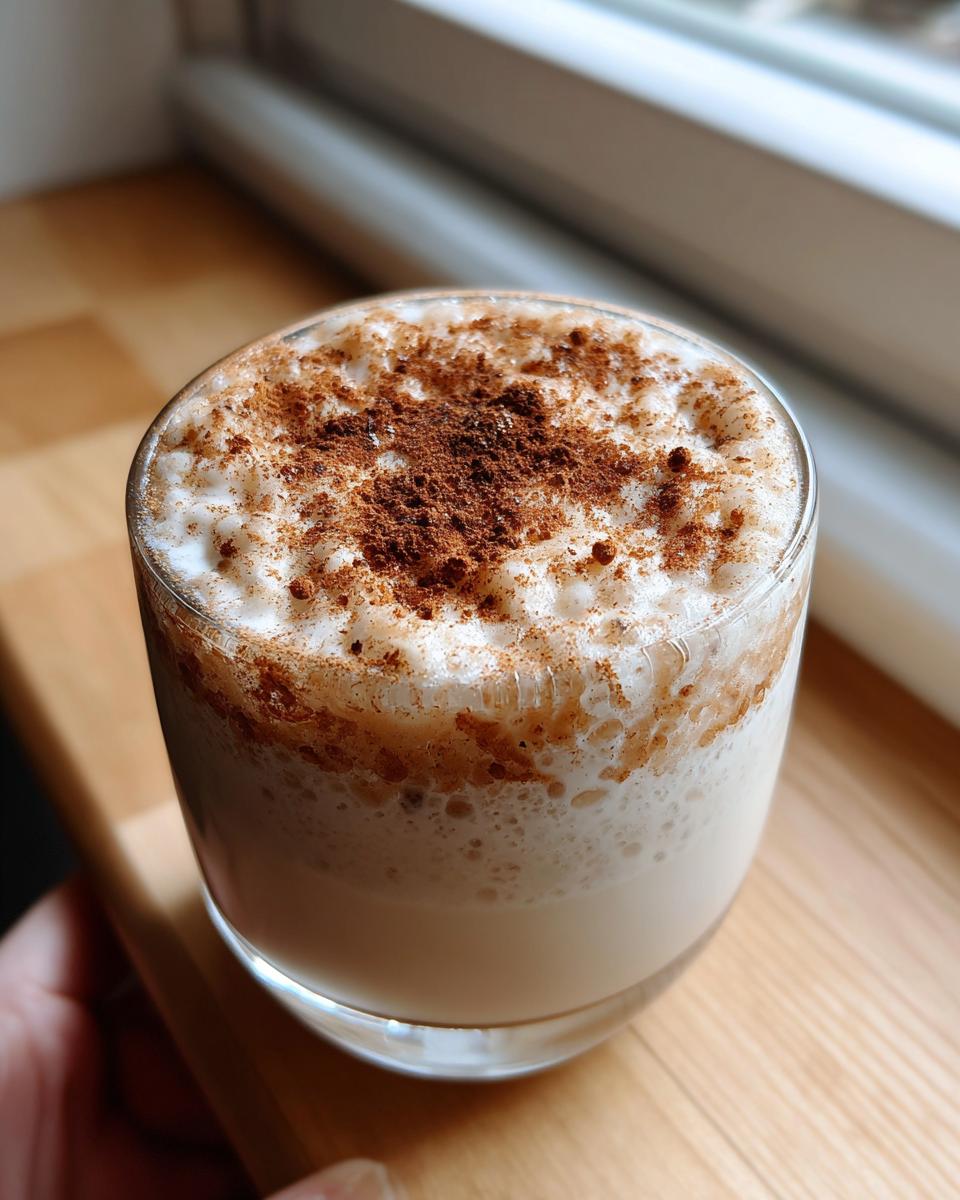 Close-up of a glass containing a creamy coquito recipe, topped with thick foam and sprinkled with ground cinnamon.
