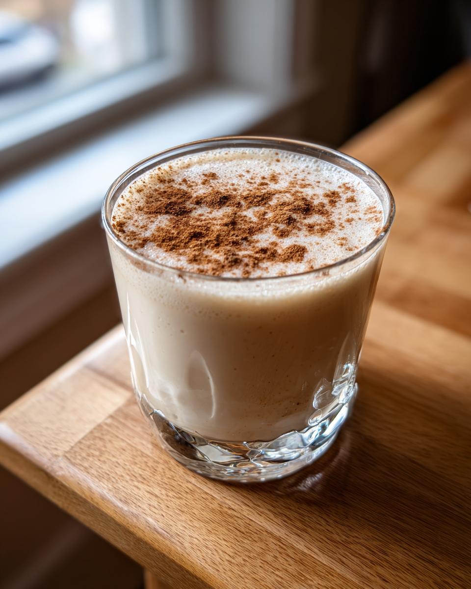 A close-up of a glass filled with creamy coquito, garnished generously with ground cinnamon.