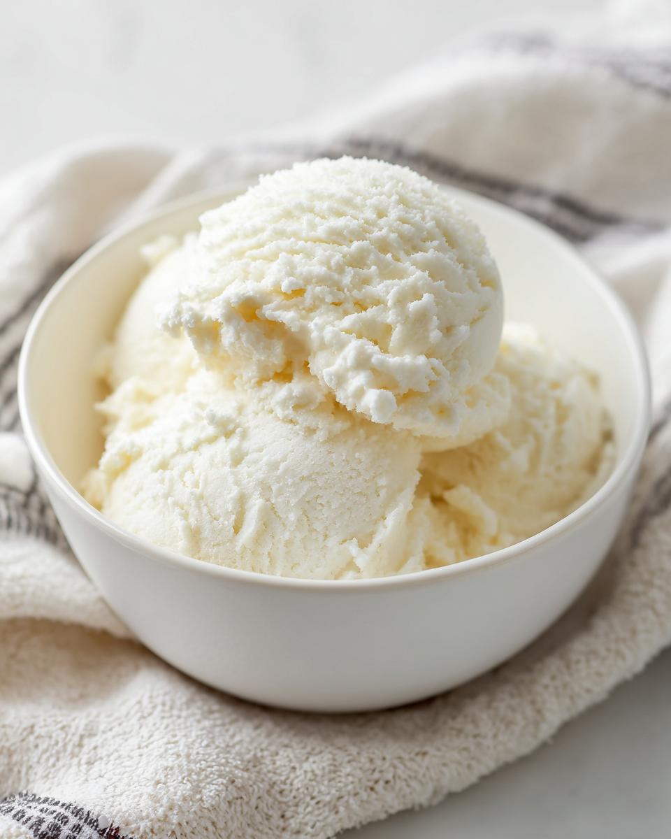 Three scoops of creamy white cottage cheese ice cream served in a white bowl resting on a textured cloth.