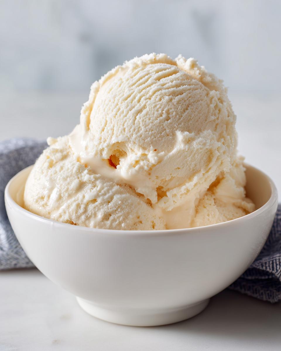 Two generous scoops of creamy, pale yellow cottage cheese ice cream served in a white bowl.