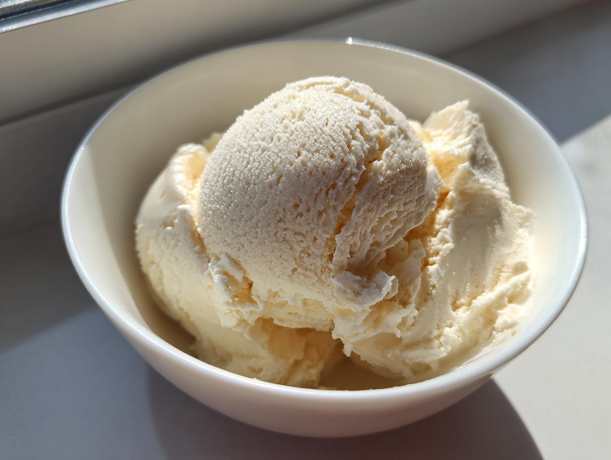 A close-up of creamy, pale yellow cottage cheese ice cream scooped into a small white bowl, illuminated by bright sunlight.