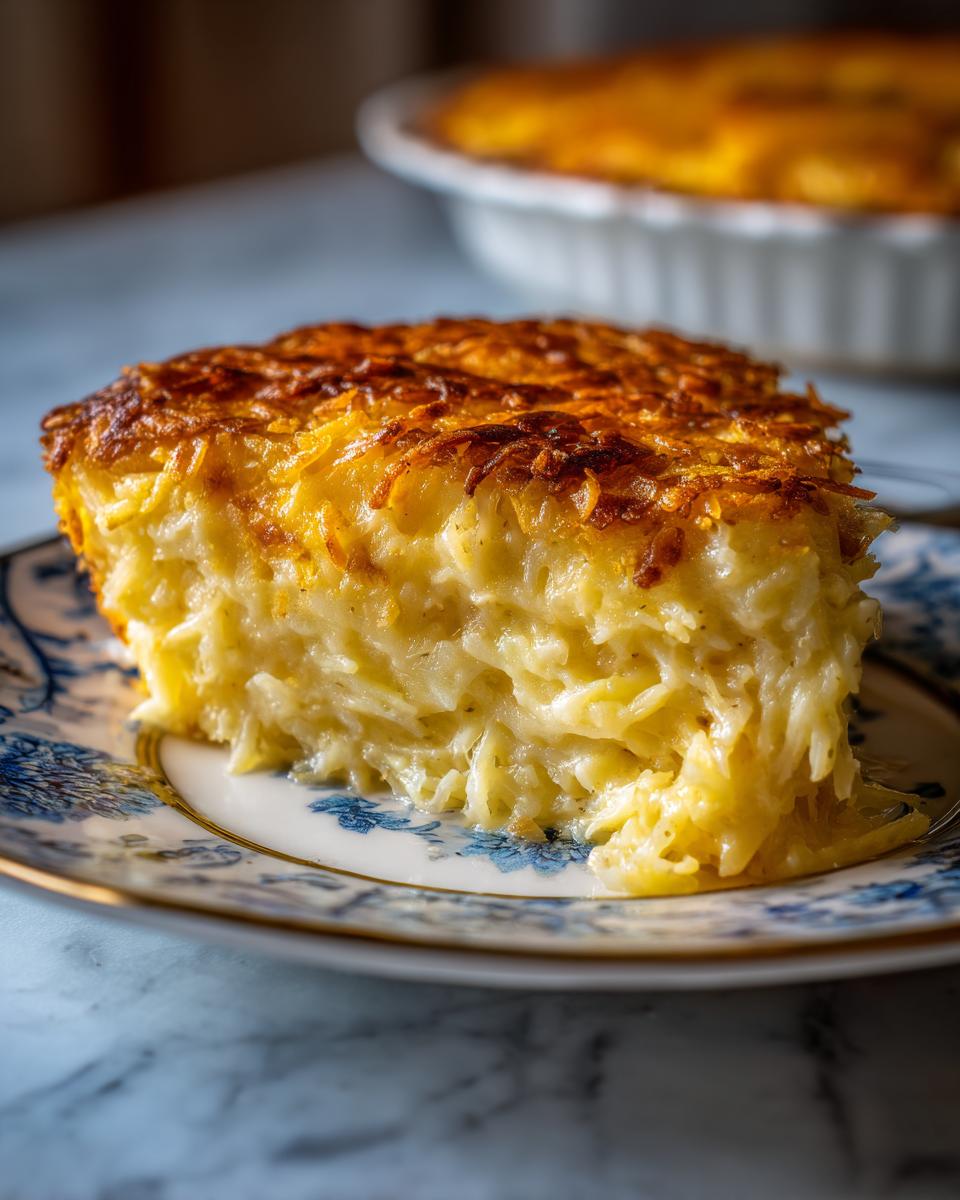 A thick slice of creamy funeral potatoes recipe with a golden-brown, crispy top, served on a blue and white plate.