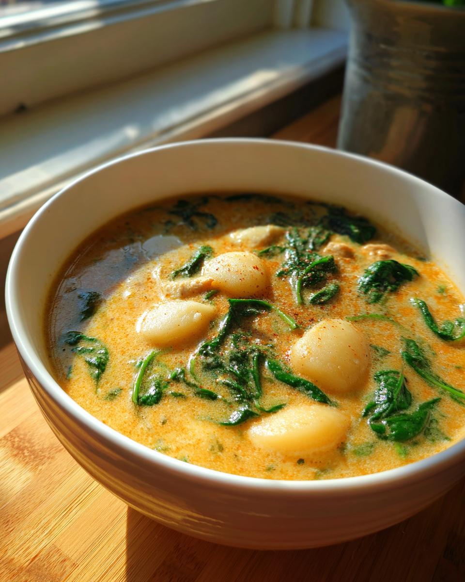 Close-up of a white bowl filled with creamy, orange-hued gnocchi soup featuring plump gnocchi and wilted spinach.