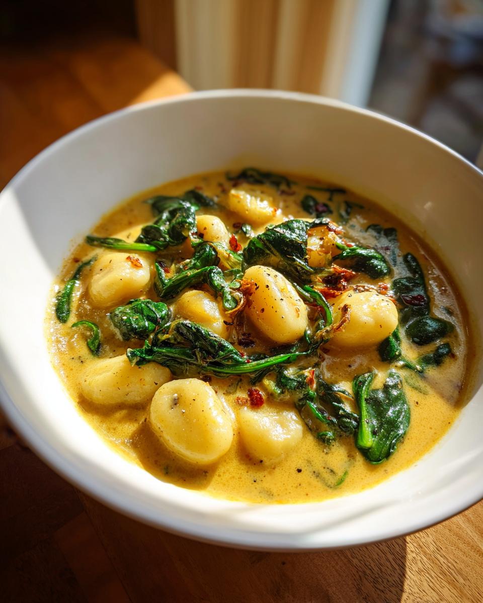 Close-up of a bowl of creamy, yellow gnocchi soup filled with plump gnocchi and wilted spinach.