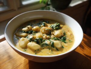 A close-up of a white bowl filled with creamy, yellow gnocchi soup featuring plump gnocchi and wilted spinach.