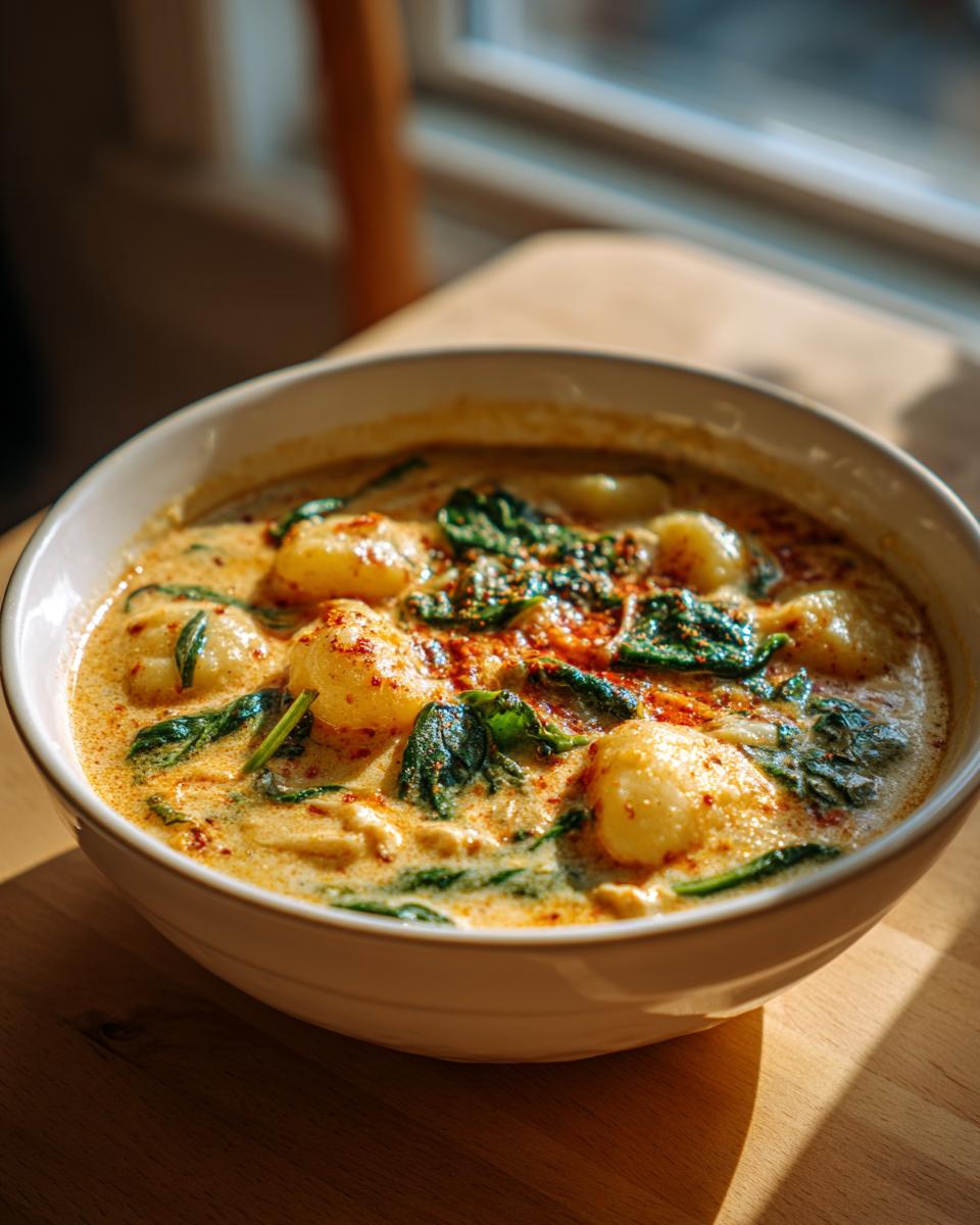 Close-up of a creamy bowl of gnocchi soup with wilted spinach and paprika spice.