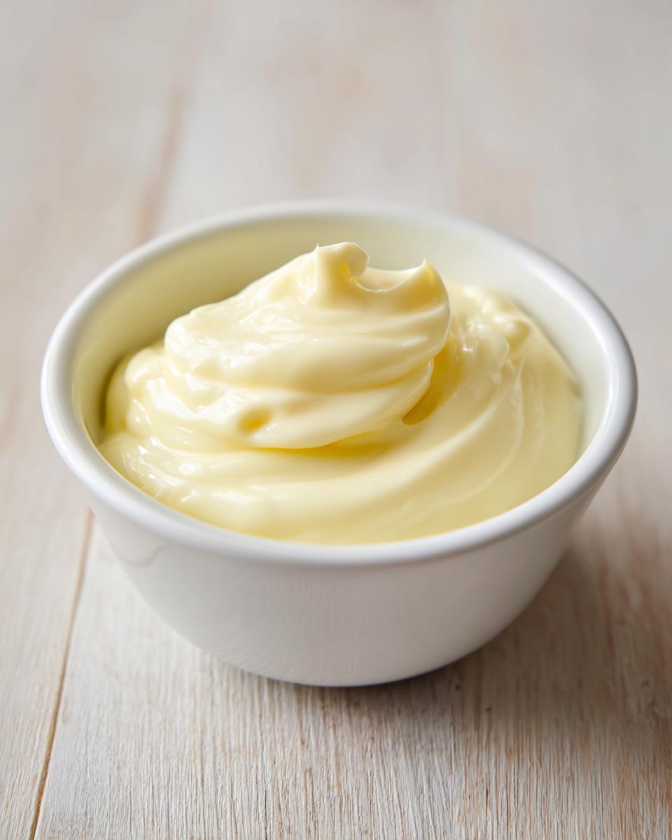 A close-up of thick, creamy homemade mayonnaise swirled perfectly in a small white bowl.