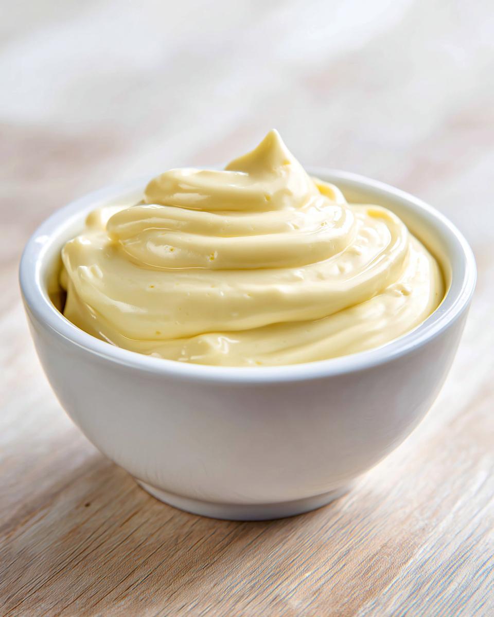 Close-up of creamy, pale yellow homemade mayonnaise swirled high in a small white bowl.