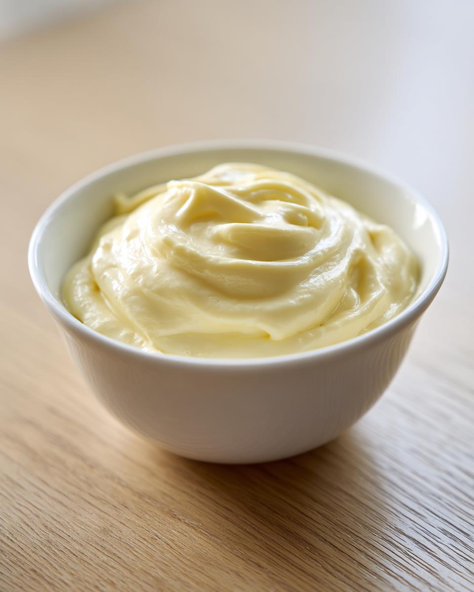A white bowl filled with thick, pale yellow homemade mayonnaise, showing soft swirls on top.