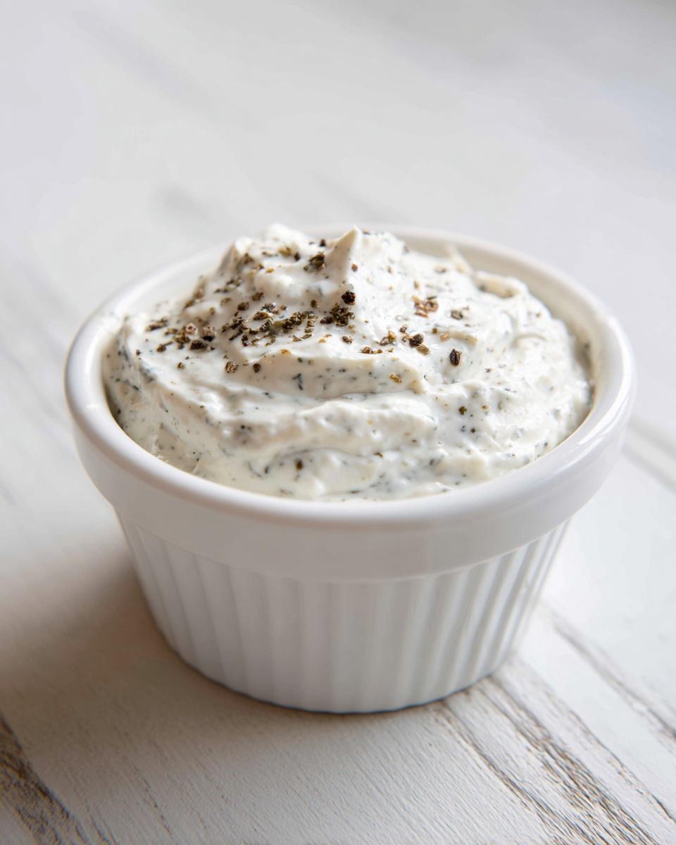 A small white ramekin filled with creamy horseradish sauce for prime rib, topped with cracked black pepper.