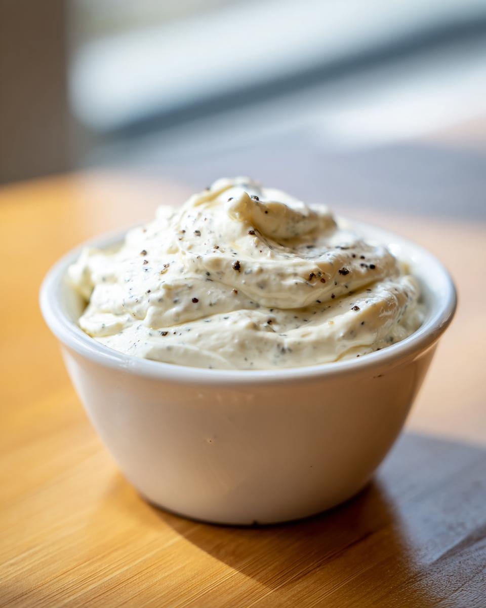 A close-up of creamy horseradish sauce for prime rib, swirled high in a small white ramekin, speckled with black pepper.