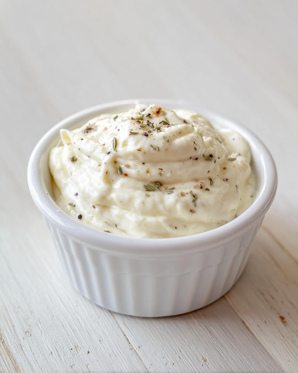 A small white ramekin filled with creamy horseradish sauce for prime rib, topped with herbs.