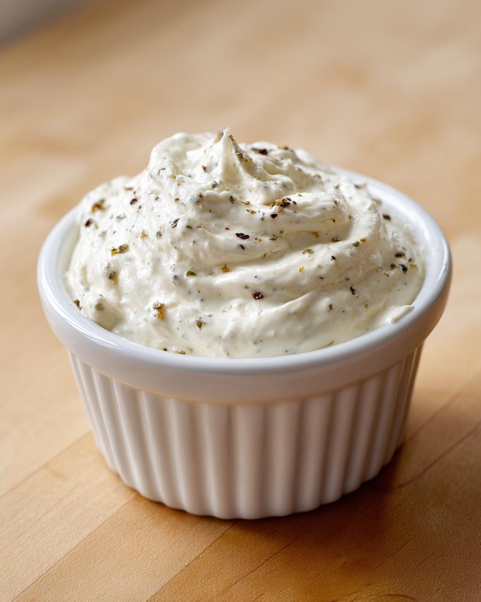 A close-up of creamy horseradish sauce for prime rib, swirled high in a white fluted ramekin, sprinkled with herbs.