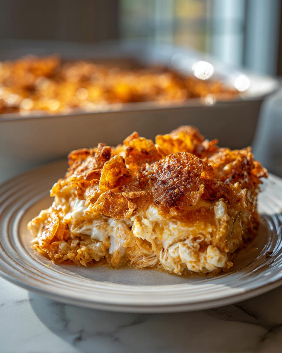 A close-up serving of creamy hot chicken salad topped with crunchy, baked cornflakes on a light plate.