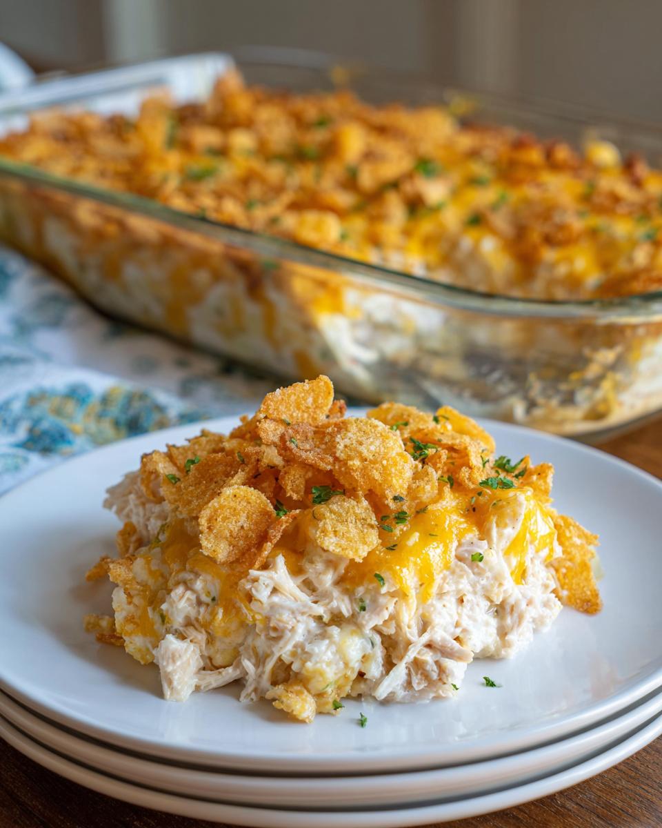 A serving of creamy hot chicken salad topped with melted cheese and crunchy cornflakes on a white plate.