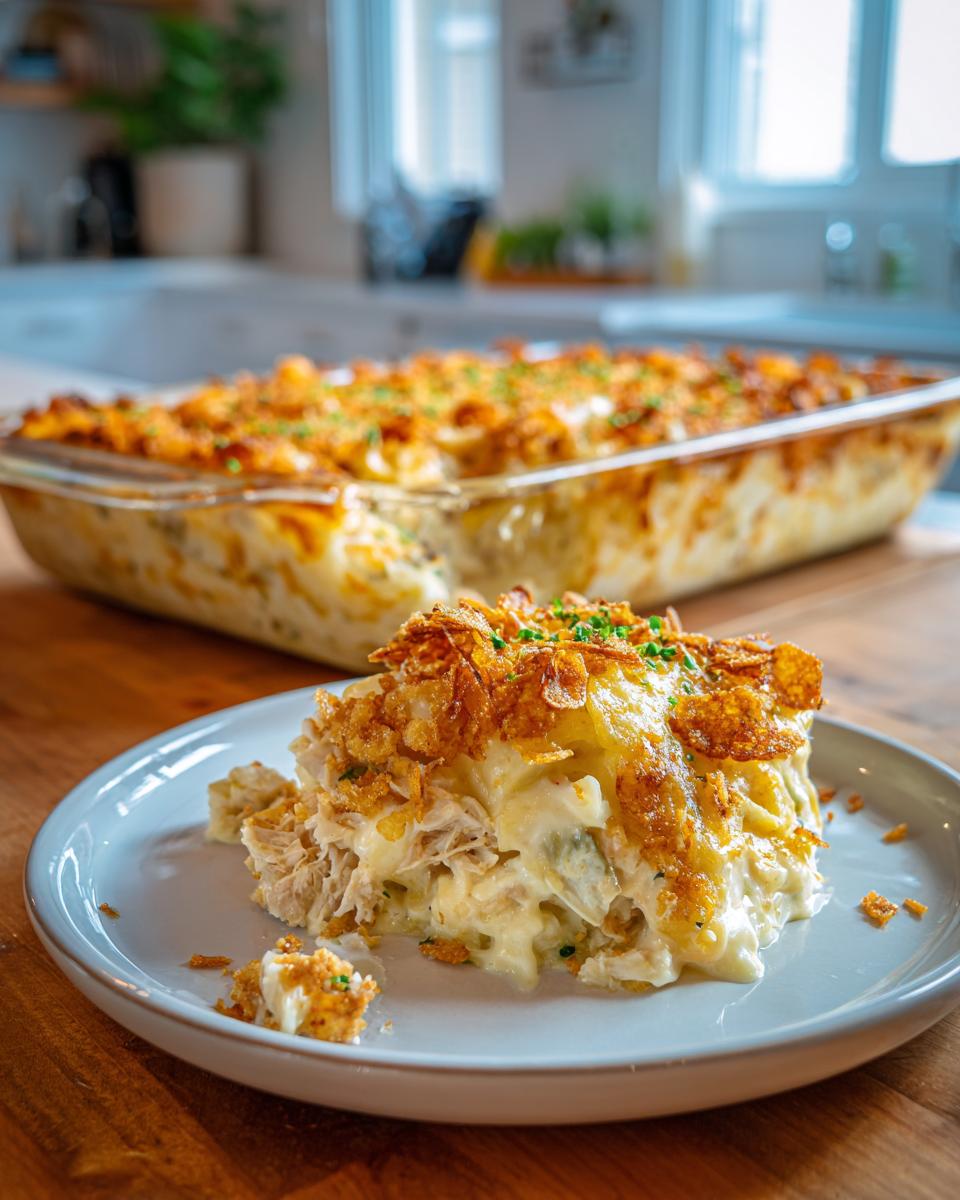 A serving of creamy hot chicken salad casserole with a crispy topping on a light blue plate.