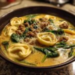 A close-up of a bowl of creamy italian sausage tortellini soup with spinach and grated cheese.