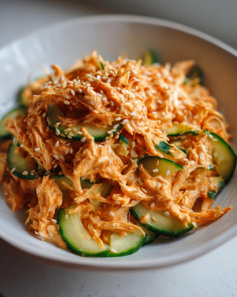 A close-up of a vibrant orange, creamy kani salad mixed with sliced cucumbers and topped with toasted sesame seeds.