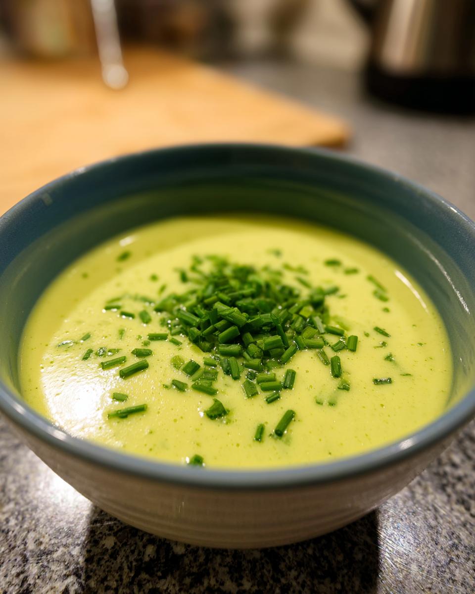 A close-up of a bowl of creamy, light green leek soup garnished generously with freshly chopped chives.