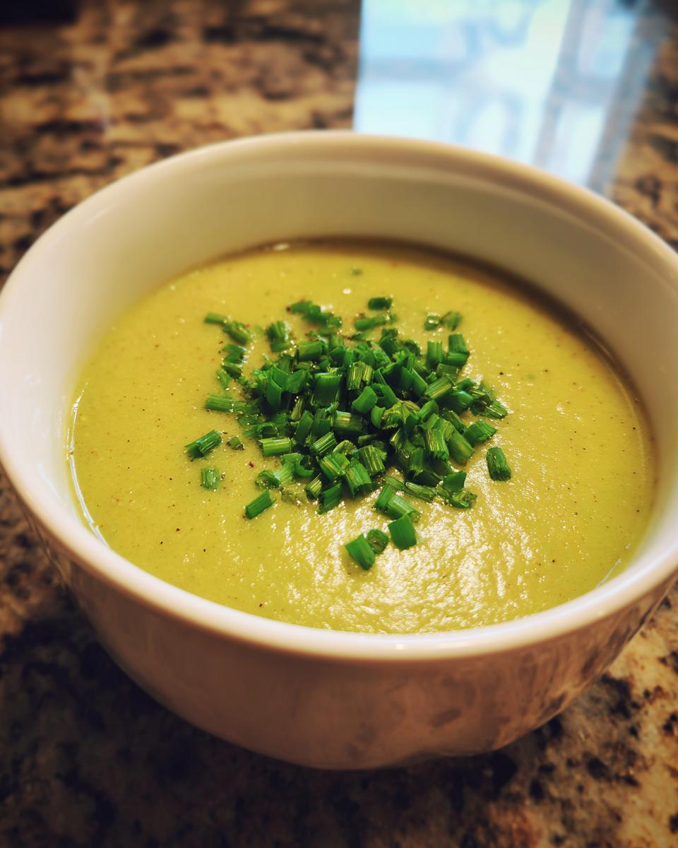 Close-up of a creamy, light green leek soup in a white bowl, garnished generously with fresh chopped chives.