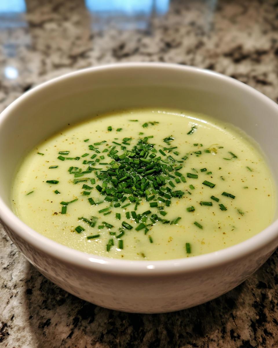 Close-up of a bowl of creamy, pale green leek soup garnished generously with chopped fresh chives.