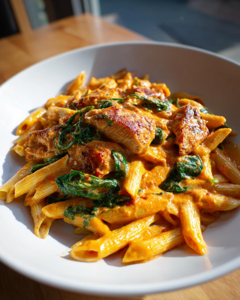 Close-up of creamy marry me chicken pasta featuring penne, seared chicken pieces, and wilted spinach in a white bowl.