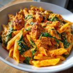 Close-up of creamy marry me chicken pasta featuring penne, seasoned chicken pieces, and wilted spinach in a white bowl.