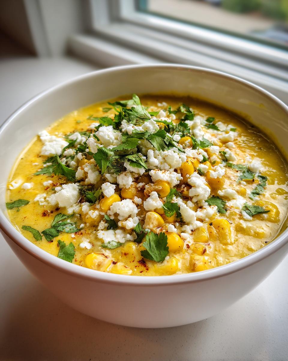 A close-up of a bowl of rich, yellow Mexican street corn soup garnished generously with crumbled white cheese and fresh cilantro.