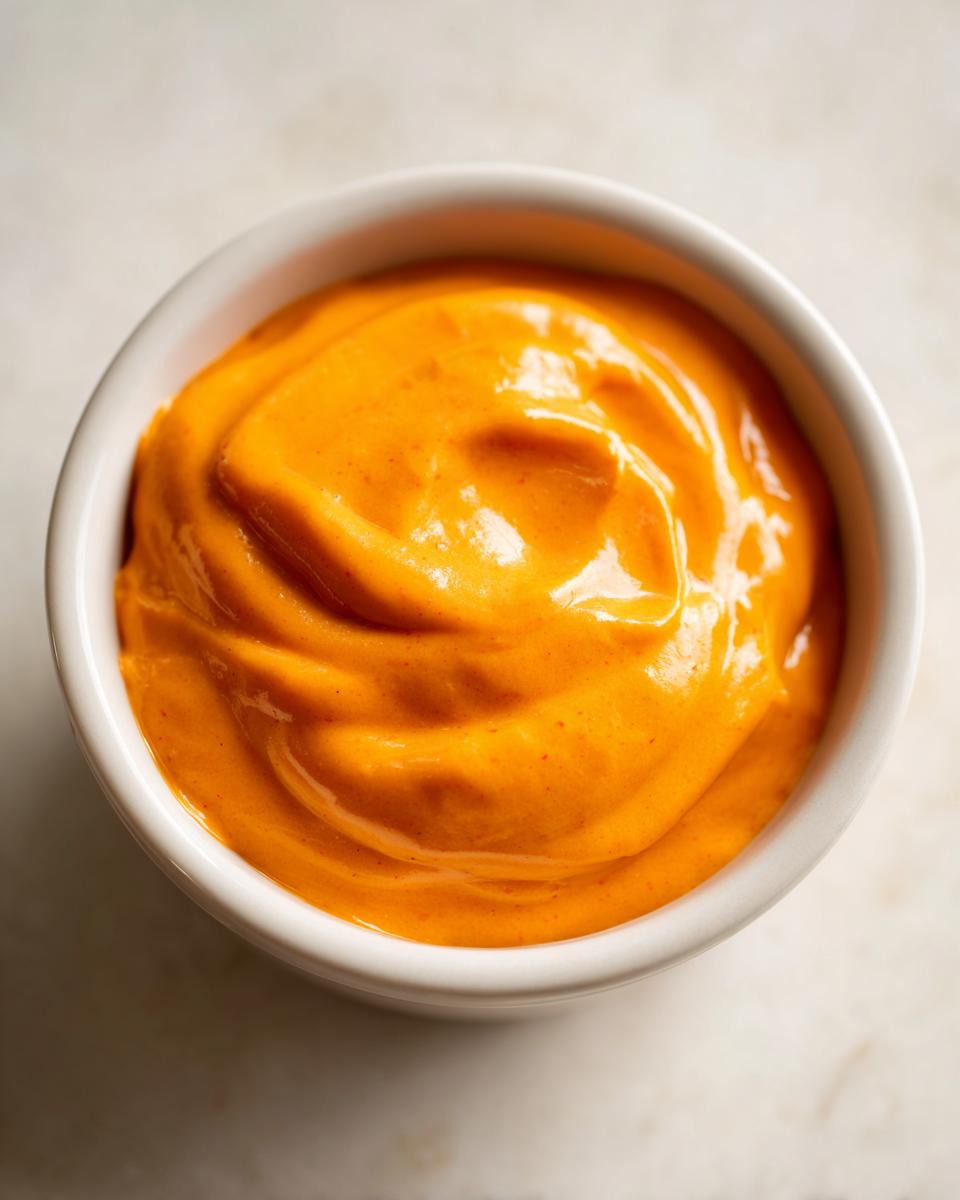 Close-up overhead shot of thick, vibrant orange nacho cheese sauce swirled in a small white dipping bowl.