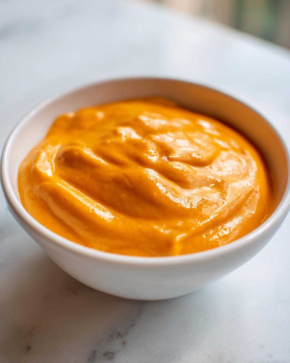 Close-up of thick, creamy, bright orange nacho cheese sauce served in a small white bowl on a marble surface.