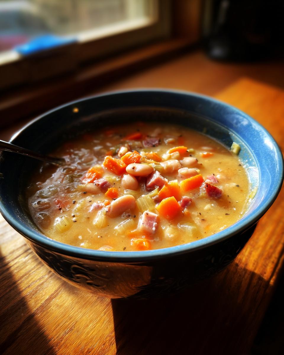 A close-up of a blue bowl filled with creamy navy bean soup, featuring visible navy beans, diced carrots, and ham pieces.