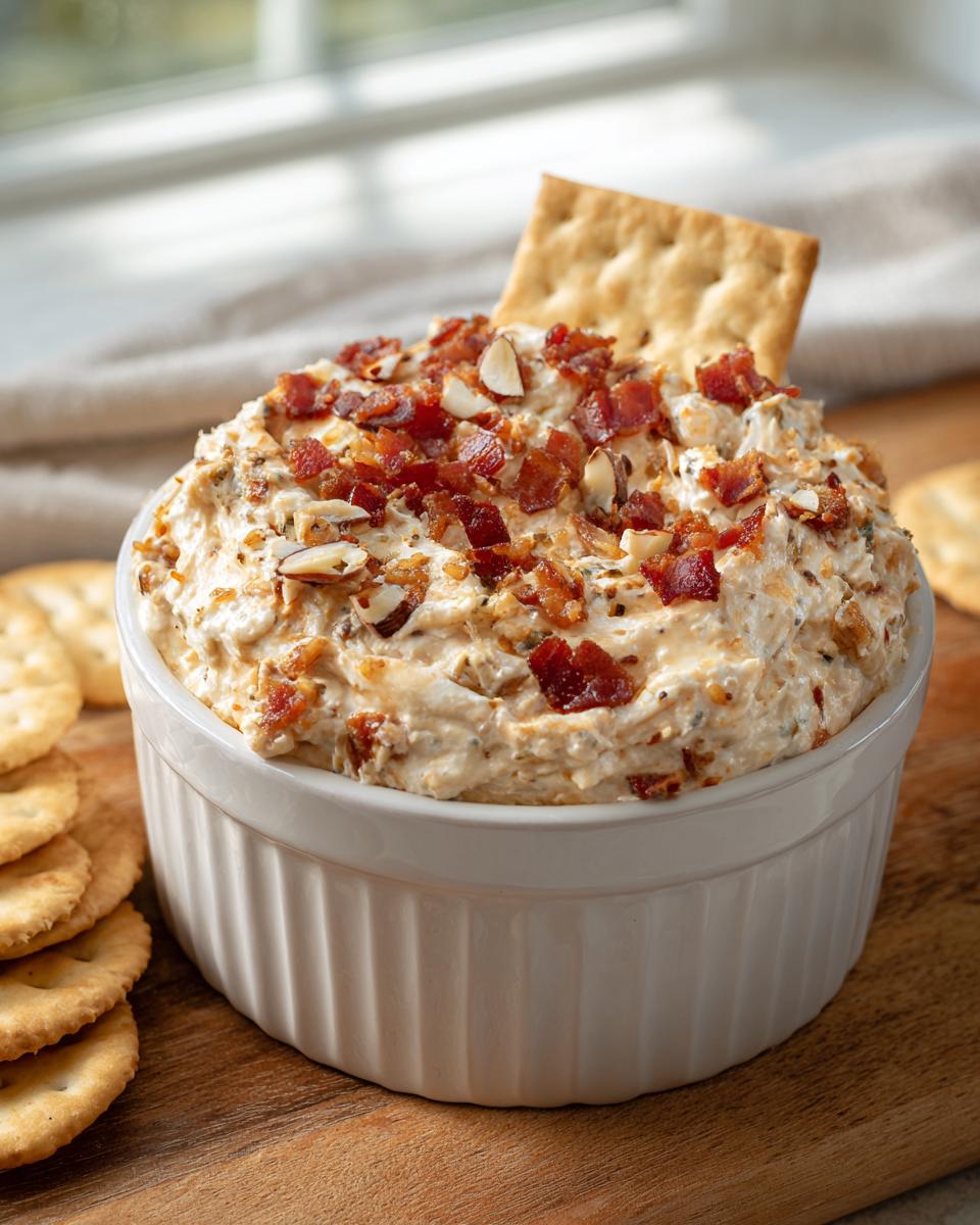 A serving of creamy Neiman Marcus dip topped with crumbled bacon and sliced almonds, served with crackers.