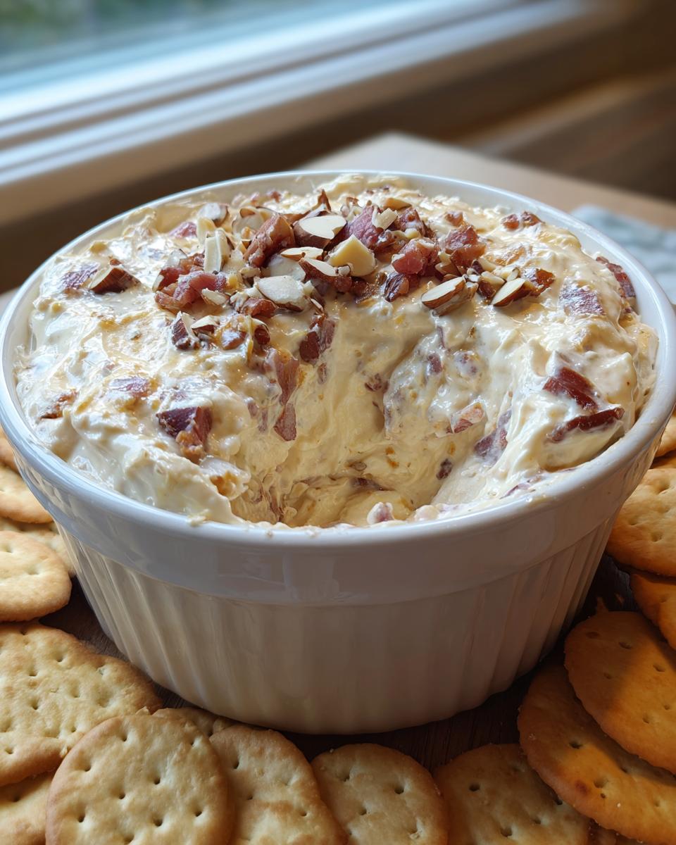 A white bowl filled with creamy Neiman Marcus dip, topped with chopped bacon and sliced almonds, surrounded by crackers.