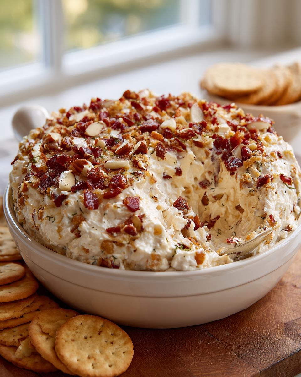 A large bowl of creamy Neiman Marcus dip topped generously with crumbled bacon and sliced almonds, served with crackers.