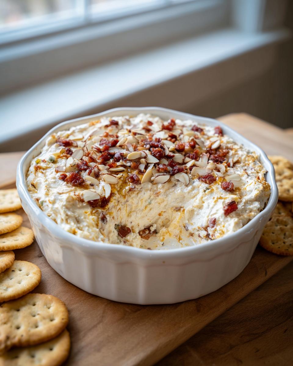 A white dish filled with creamy Neiman Marcus dip, topped with crumbled bacon and sliced almonds, served with crackers.