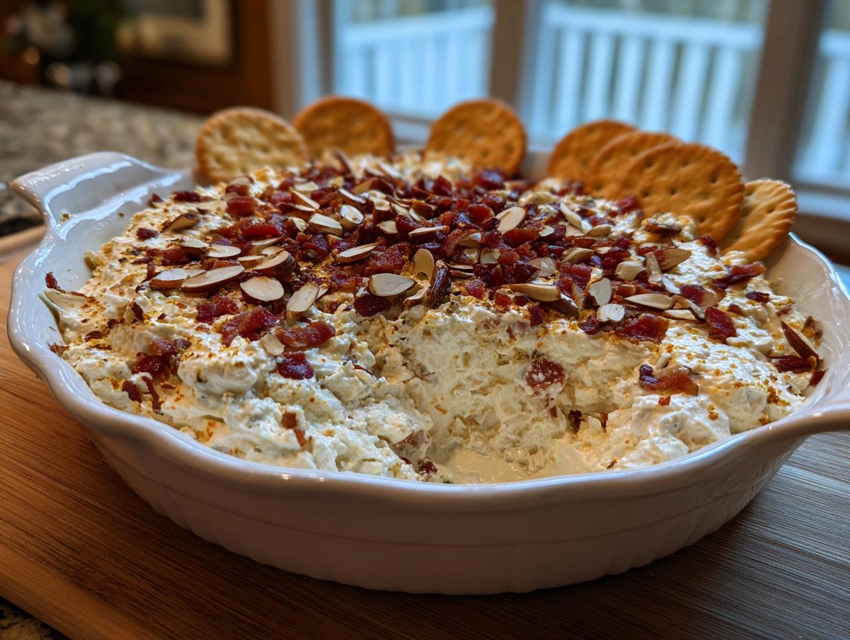 A white serving dish filled with creamy Neiman Marcus dip, topped generously with crumbled bacon and sliced almonds, served with crackers.