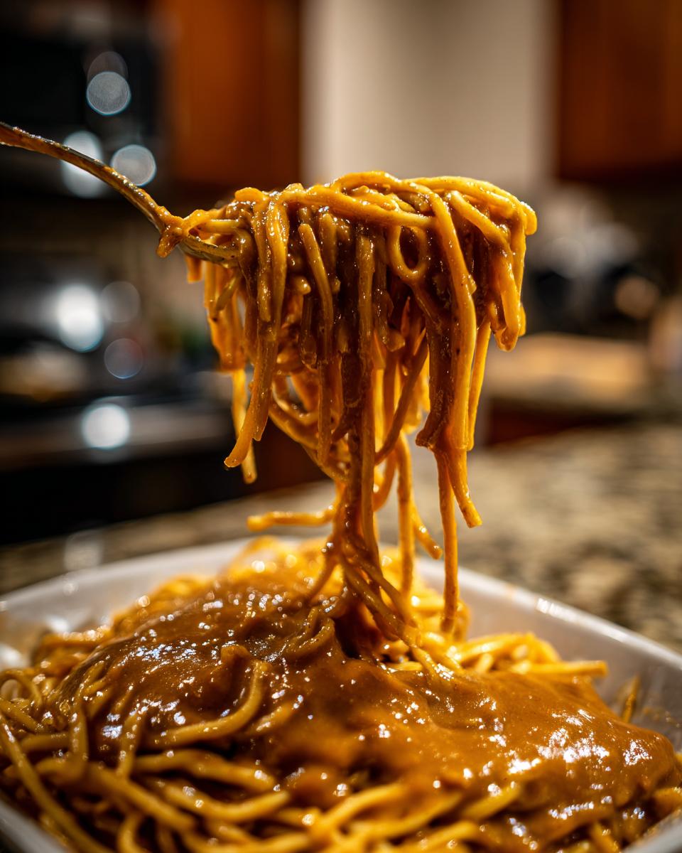 A fork lifting noodles heavily coated in thick, creamy peanut sauce from a bowl.