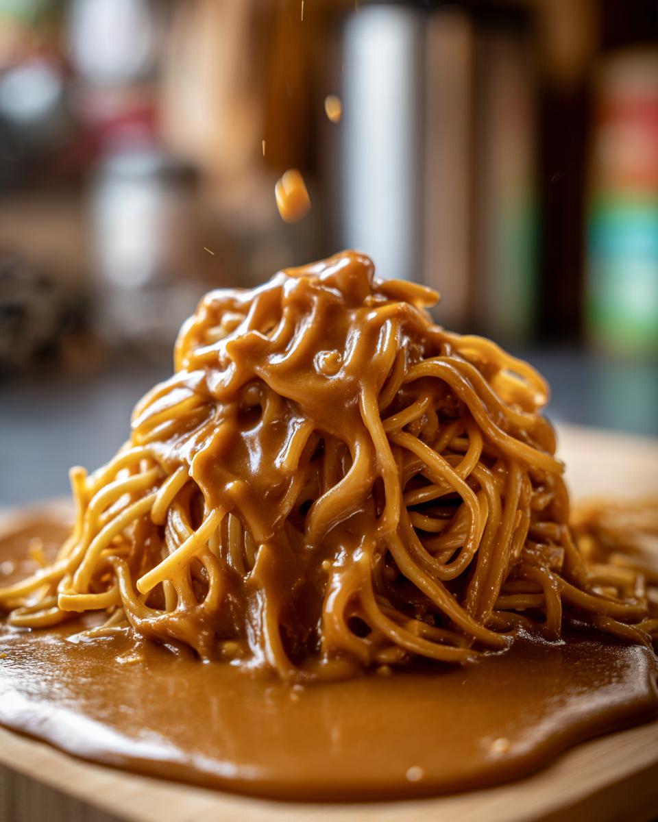 Close-up of noodles heavily coated and dripping with thick, creamy peanut sauce, with some falling pieces visible.