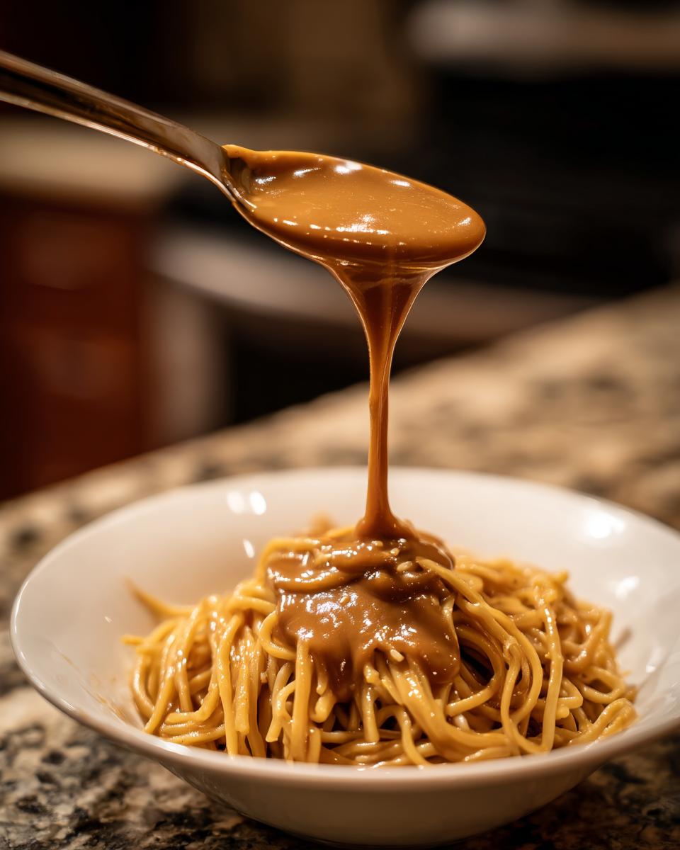 A spoonful of creamy peanut sauce is being poured over a mound of cooked noodles in a white bowl.