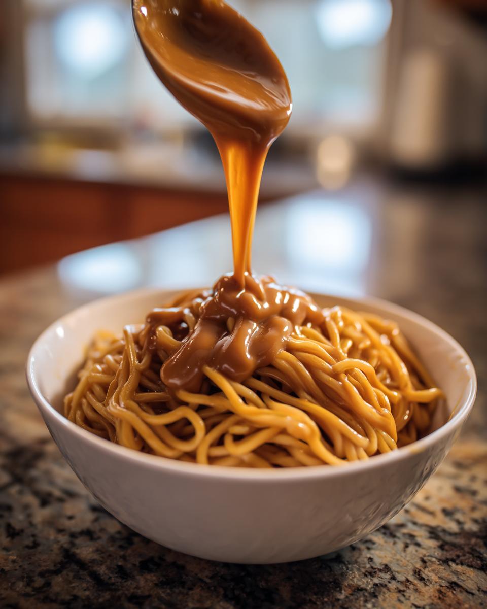 A spoonful of creamy peanut sauce is being poured over a bowl of cooked noodles.