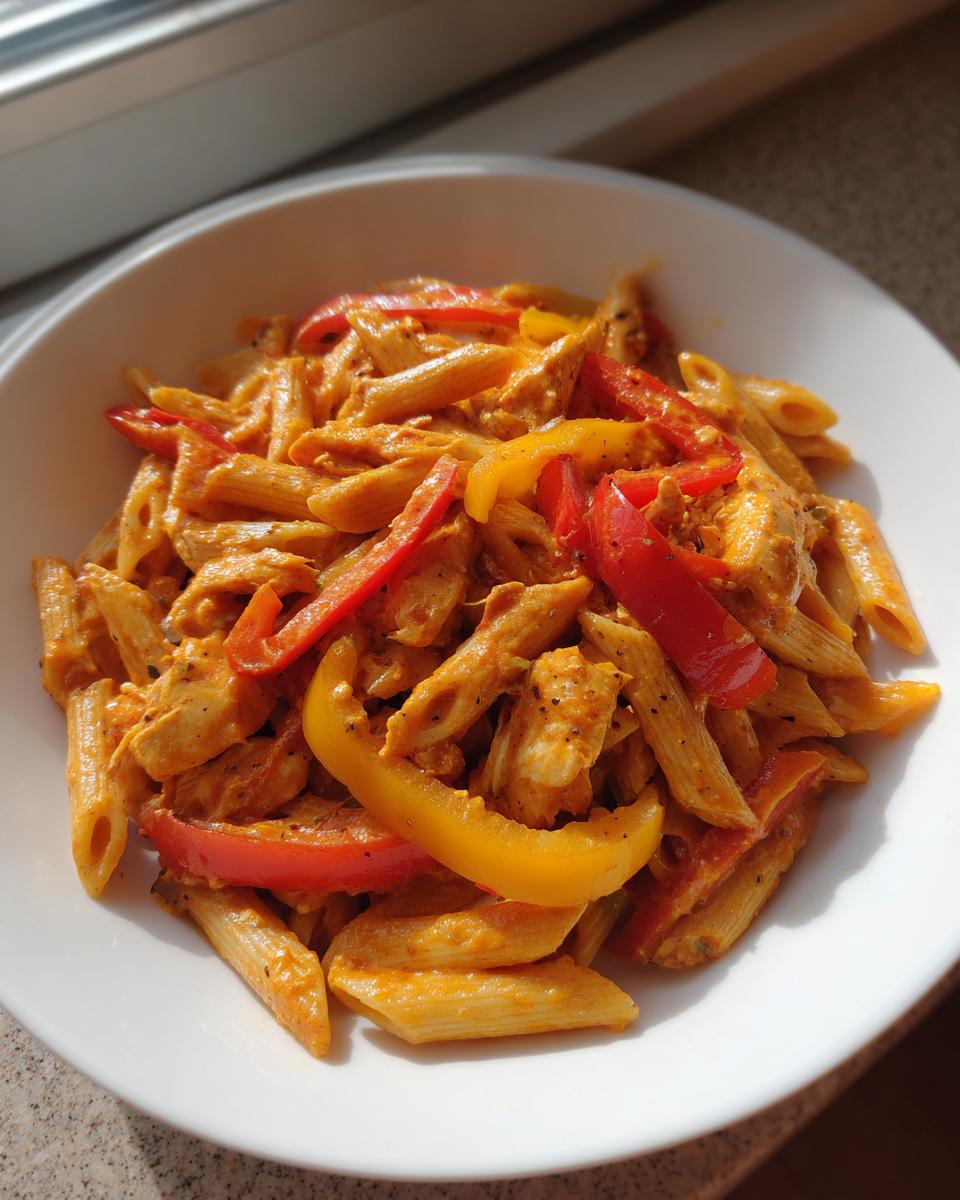 A close-up of creamy Rasta Pasta featuring penne, red and yellow bell peppers, served in a white bowl.