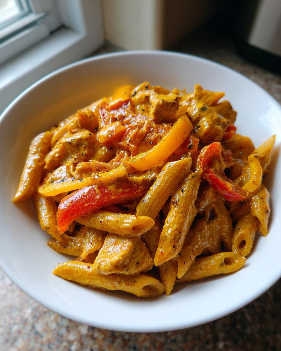 A close-up view of creamy, orange-hued Rasta Pasta mixed with chunks of chicken and strips of red and yellow bell peppers.
