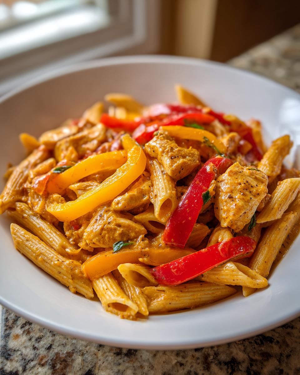 A white bowl filled with creamy Rasta Pasta featuring penne, chicken pieces, and bright red and yellow bell pepper strips.