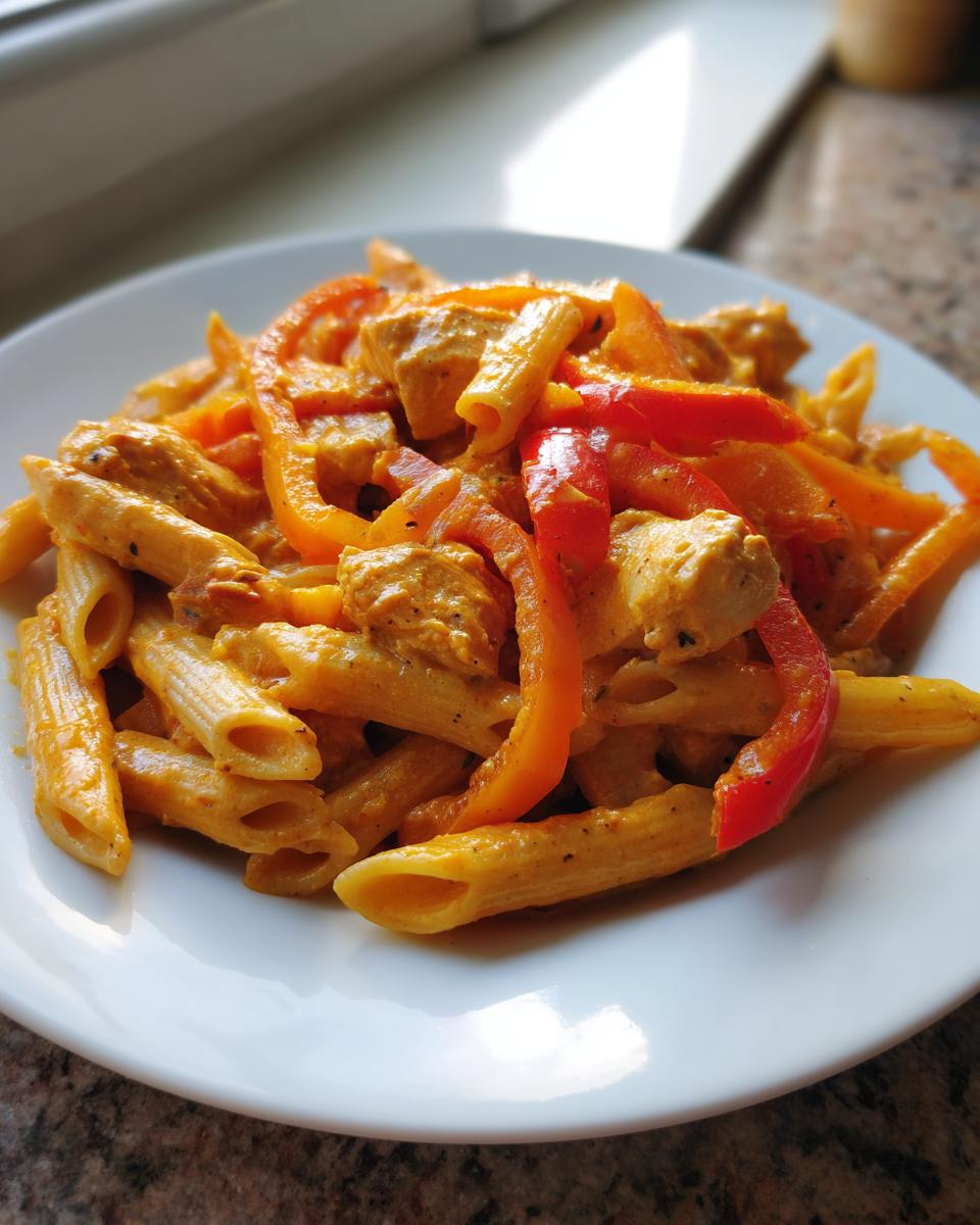 A close-up serving of creamy Rasta Pasta featuring penne noodles, chicken chunks, and vibrant red and orange bell pepper strips.