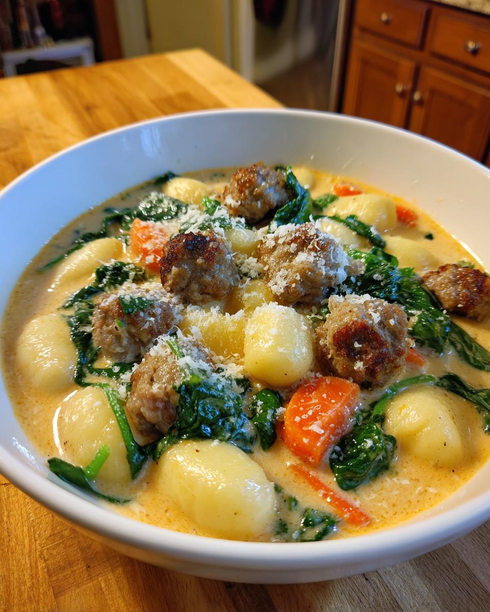Close-up of a bowl of creamy sausage gnocchi soup loaded with meatballs, spinach, carrots, and grated Parmesan cheese.