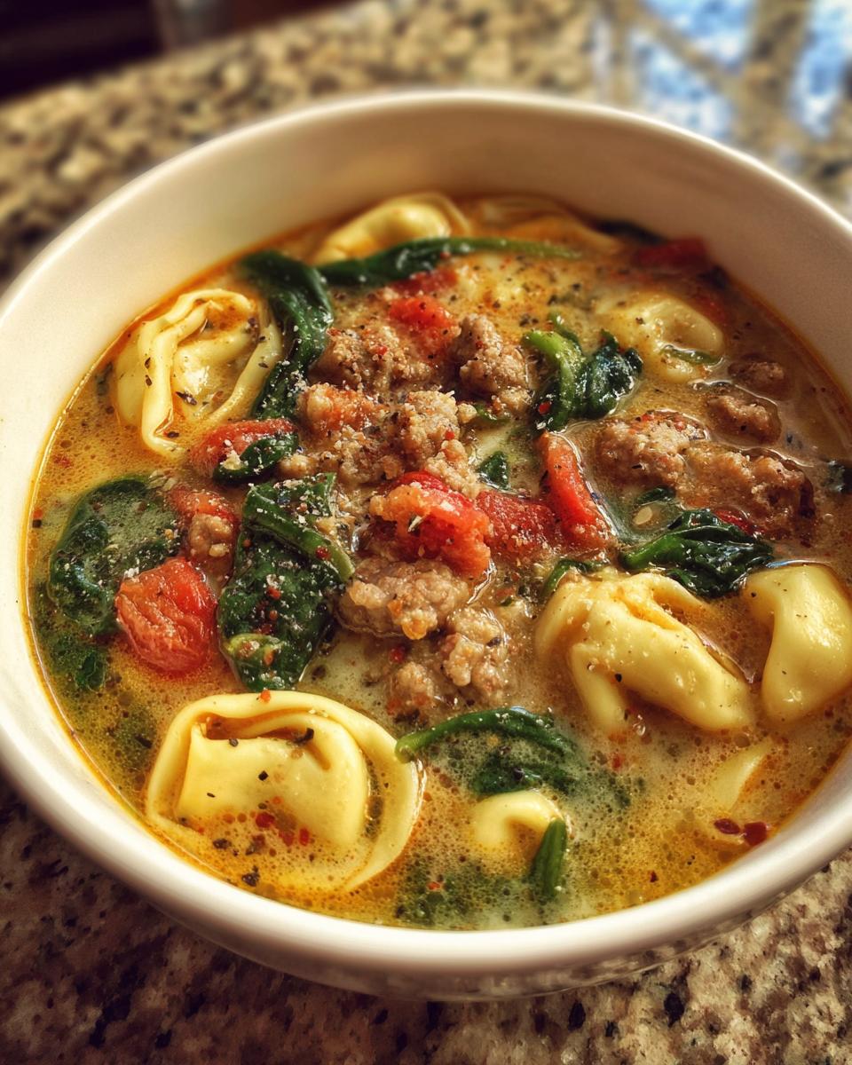 A close-up view of a white bowl filled with creamy sausage tortellini soup, featuring tortellini, ground sausage, spinach, and tomatoes.