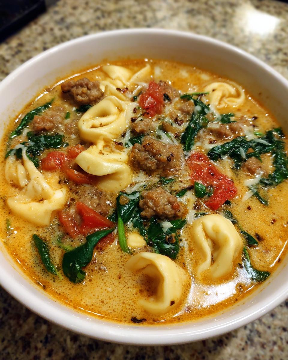 A close-up view of a steaming bowl of creamy sausage tortellini soup, featuring pasta, crumbled sausage, spinach, and tomatoes.