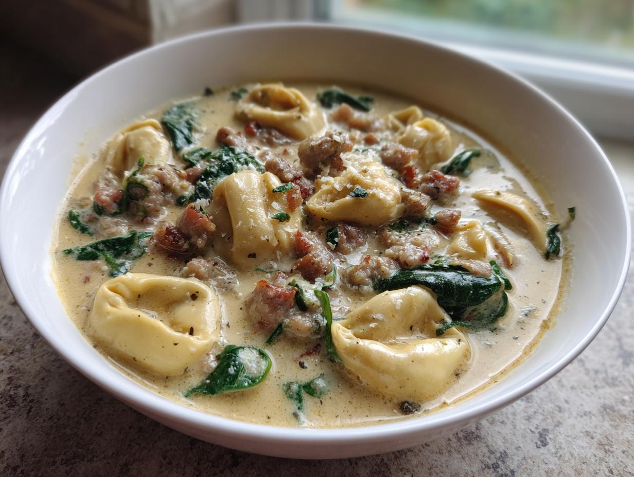 A close-up of a white bowl filled with creamy sausage tortellini soup, featuring pasta, crumbled sausage, and wilted spinach.