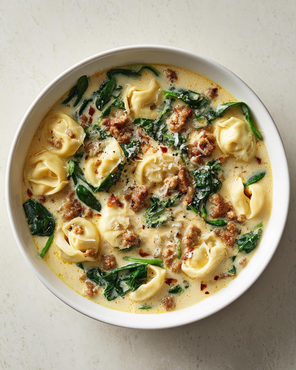 Overhead view of a white bowl filled with creamy sausage tortellini soup, featuring pasta, crumbled sausage, and wilted spinach.